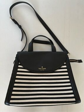 Kate Spade New York Black & White Striped Satchel Crossbody Leather Handbag